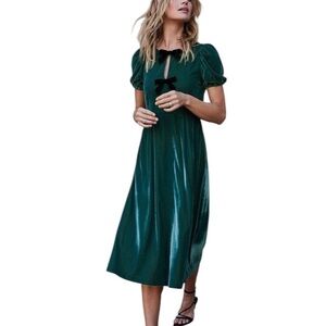 SOMERSALT Forest Green Velvet Puff Sleeves Bow Midi Dress Size 12 NWT Stretchy